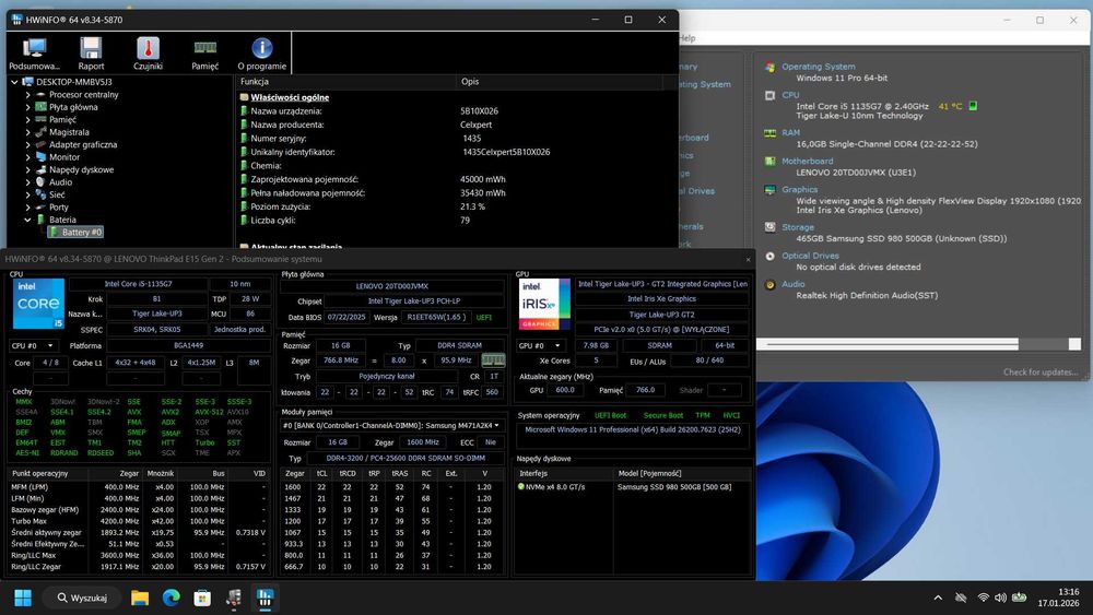 Laptop Lenovo E15 G2 I5/16GB/500GB/Iris Xe/W11Pro + Akcesoria