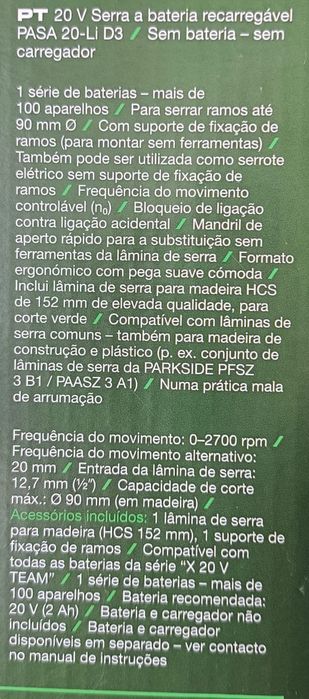 Serra corta sebes  a Bateria 20V Parkside PASA 20-Li D3 Nova em Caixa