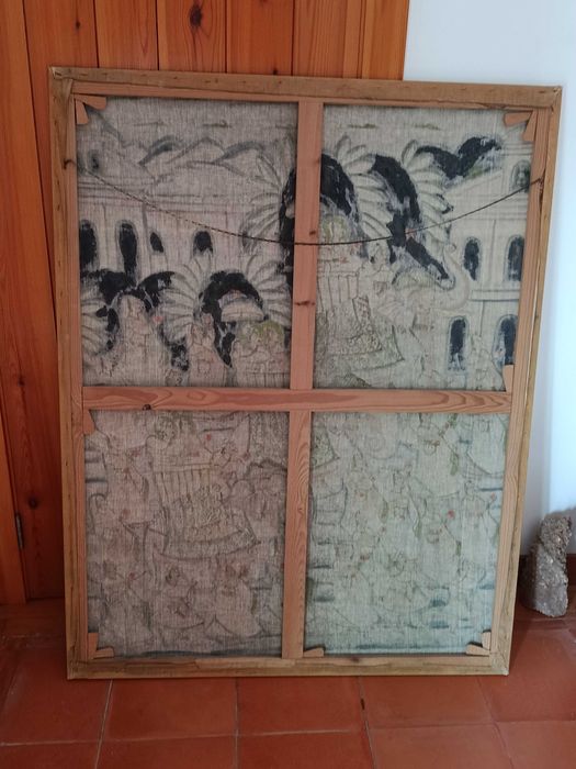 Quadro grande antigo pintado a mao sobre seda origem India
