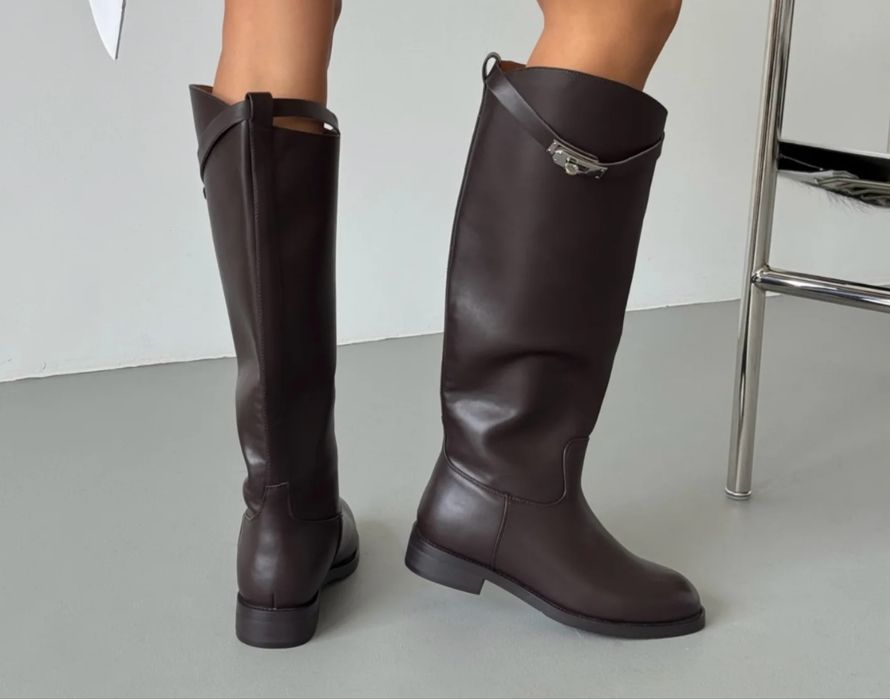 Жіночі чорні чоботи труби, Єрмес,осінні сапоги,  взуття,ботфорд