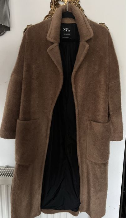 Zara płaszcz karmelowy brązowy długi S capucino oversize wiązany