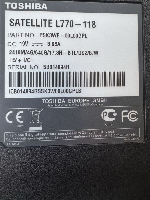 Toshiba SatelliteL770-118; 17.3 cala