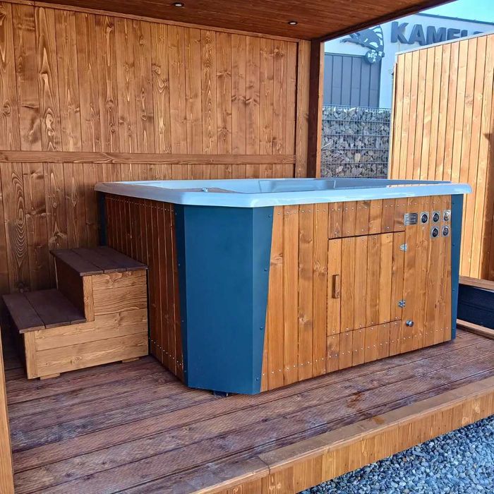 Sauna ogrodowa 6 × 2,5 m + JACUZZI  gotowa strefa SPA — PRODUCENT
