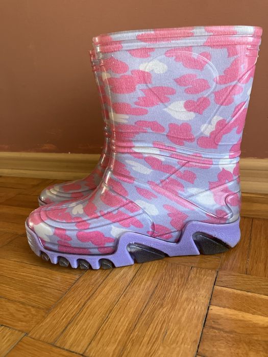 Kalosze dziewczece 30 31 ok 21 cm polskie Demar fioletowo różowe serca