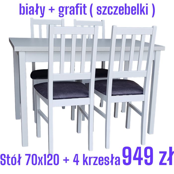 Nowe, STÓŁ + 4 KRZESŁA , BIAŁY + GRAFIT ( szczebelki ) dostawa cała PL