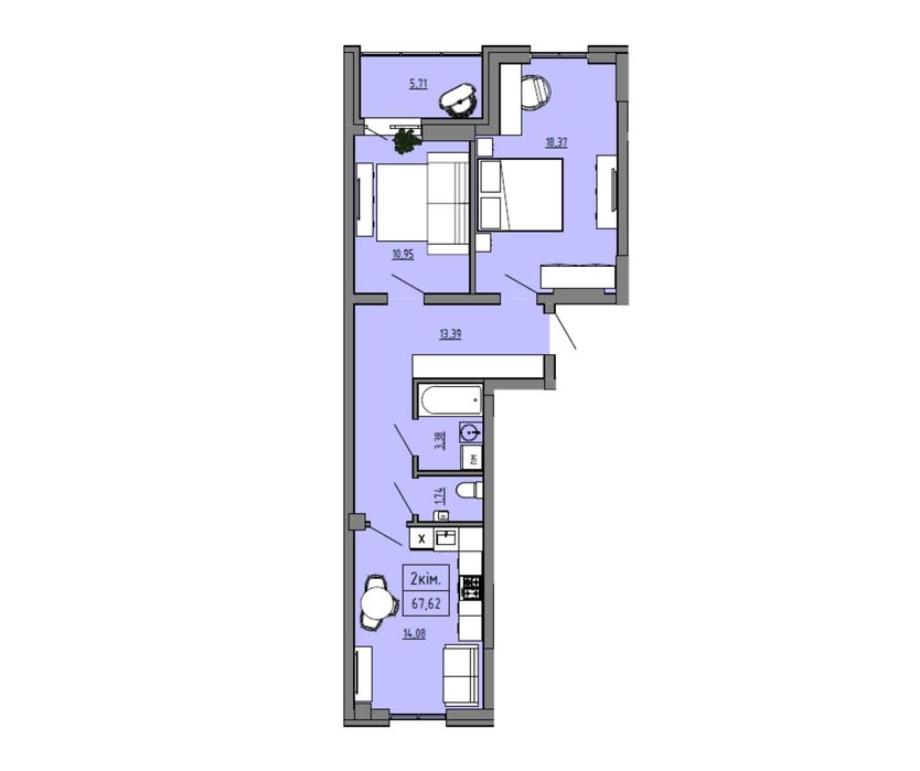 Двокімнатна квартира 68 м²