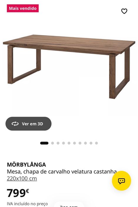 Mesa ikea, chapa de carvalho velatura castanha, 220x100 cm