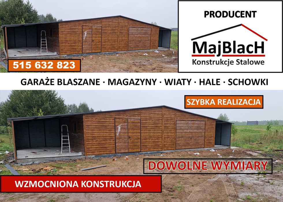 Duży Garaż Blaszany ZŁOTY DĄB-DREWNOPODOBNY Garaże Blaszane -Maj-BlacH