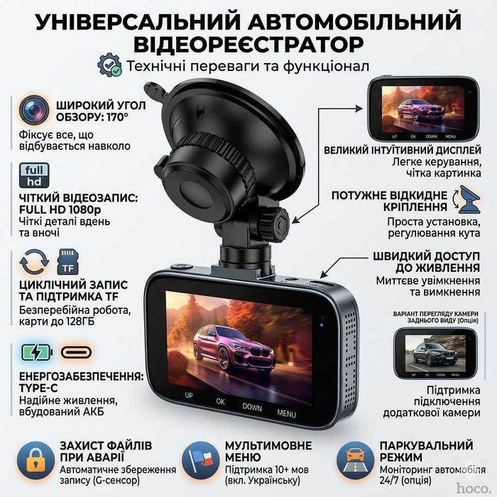 Компактний автомобільний відеореєстратор HOCO DV5 Full HD 1080p 3.0" IPS, 140°
