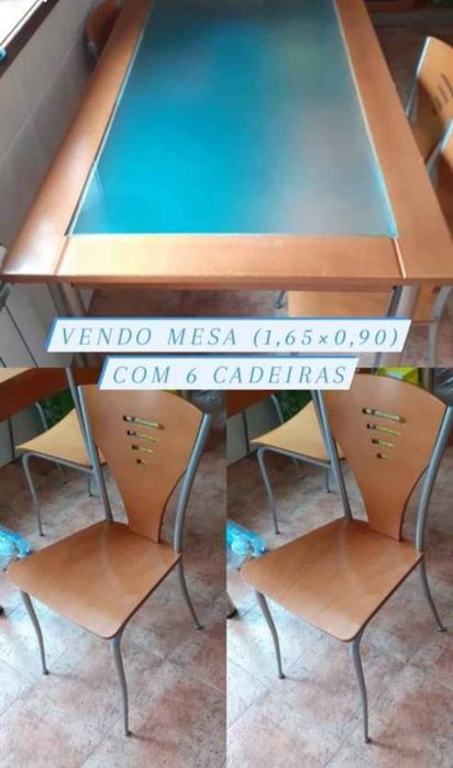 Mesa de madeira com vidro e 6 cadeiras