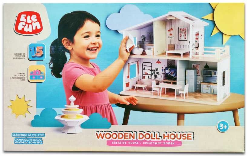 Drewniany Domek dla lalek kreatywny zestaw 15MEBELKÓW 4 POKOJE i TARAS