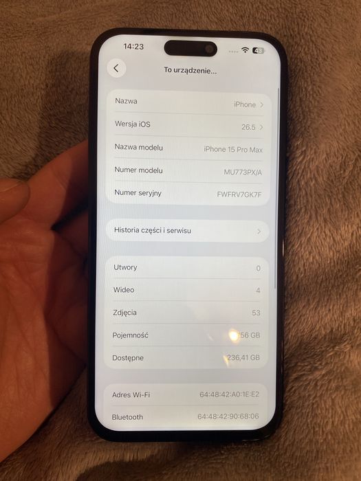 iPhone 15 Pro Max 256GB Black Titanium – Dawca części / Do naprawy (Aparaty 100% sprawne)