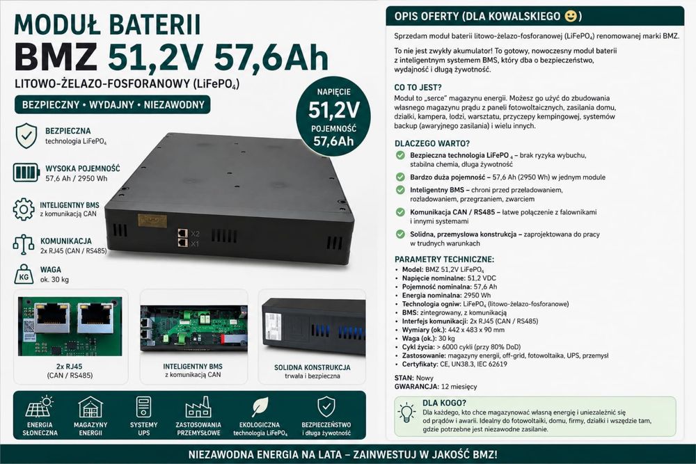 Акумулятор BNZ lifepo4 51.2v 57.6ah 2.9kWh HOBI