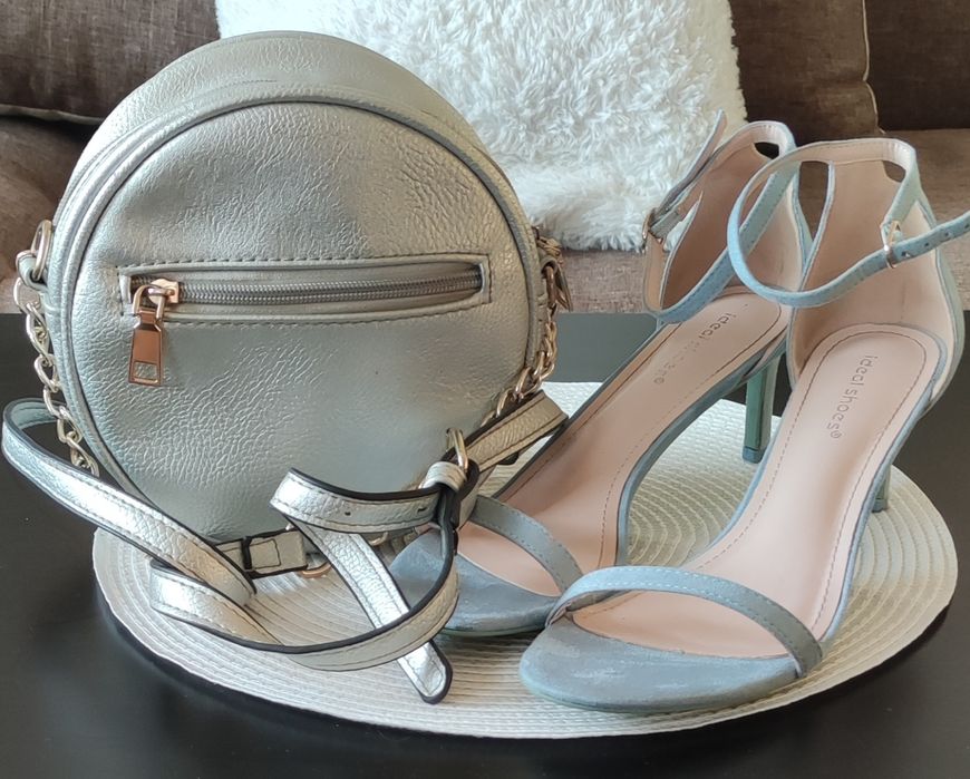 Komplet torebka srebrns + sandałki błękitne39