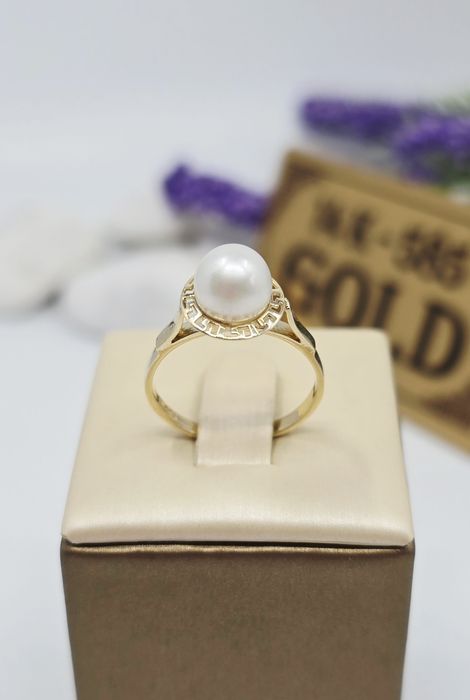 Złoty pierścionek ze sztuczną Perłą próba 585 14k