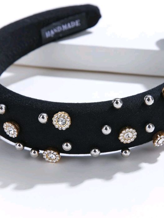 Nowa czarna bogato zdobiona opaska do włosów pałąk