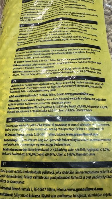 Pellet Graanul A1 15kg 6mm tranpost widna