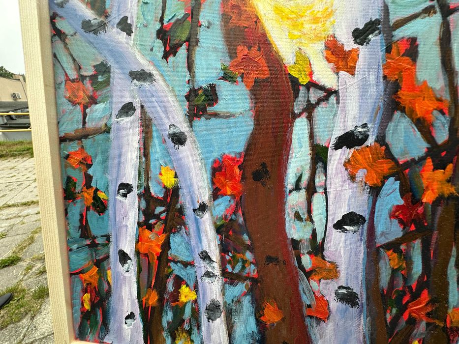 „Jesienny blask" – obraz olejny 40x50 cm, abstrakcja natury, w ramie