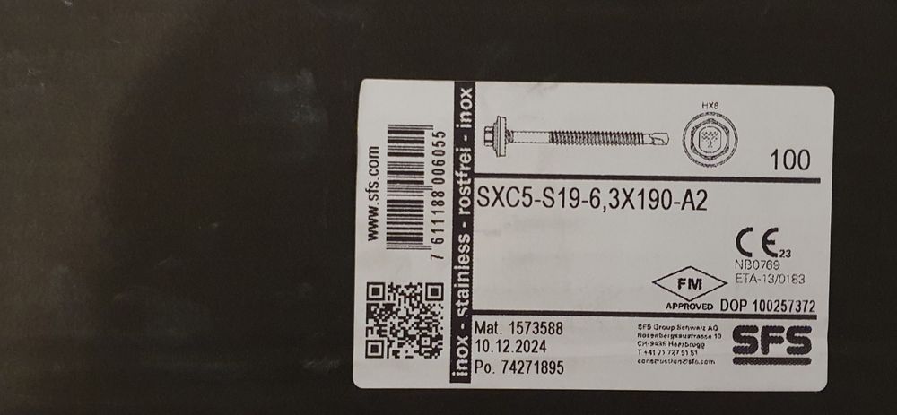 SFS Wkrety do płyt warstwowych SXC5-S19-6.3X190-A2