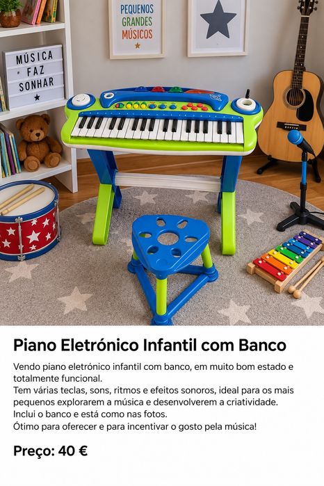 Piano Eletrónico Infantil com Banco