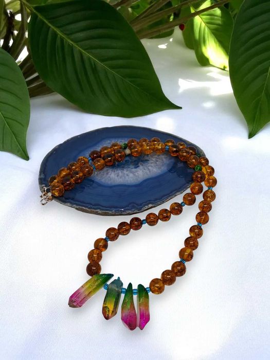 Korale z bursztynu, bursztyn bałtycki, kwarc, agat, kulka koniak #393