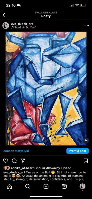 Obraz Byk niebieski do salonu recznie malowany nowoczene wnetrze