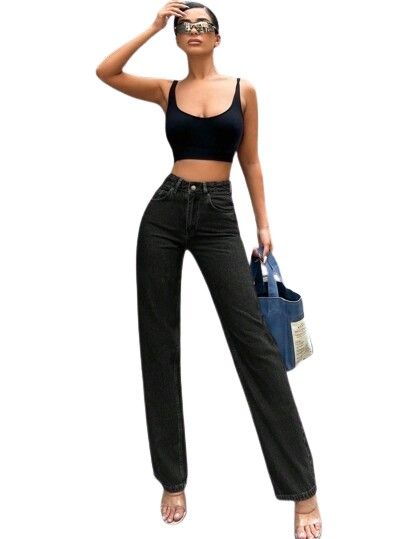 Shein czarne jeansy damskie proste dla wysokich casual m 21ma