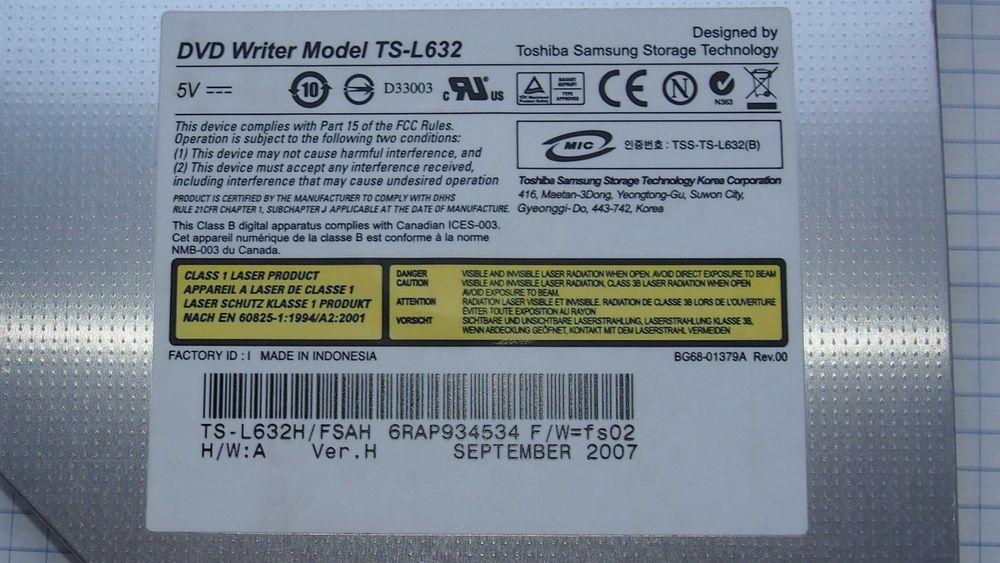 Nagrywarka dla laptopów, Toshiba Samsung DVD Writer Model TS-L632;