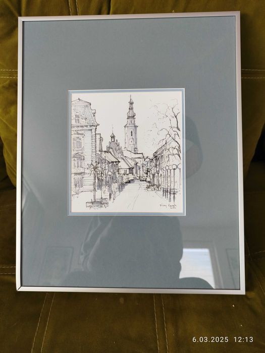Oprawiony obraz młodego artysty/grafika łączona z akwarelą