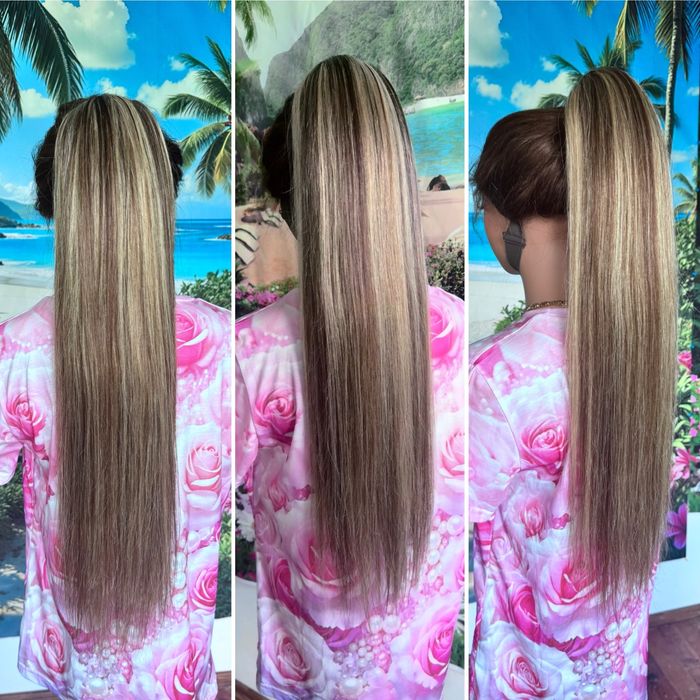 Натуральный хвост шиньон на резинке славянка детский волос русый 70 см