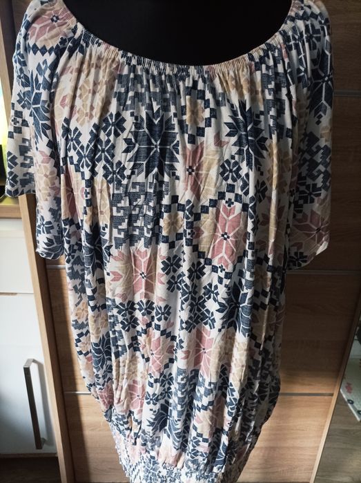 Zizzi, beżowa bluzka, tunika, koszula, oversize, w kwiaty, M