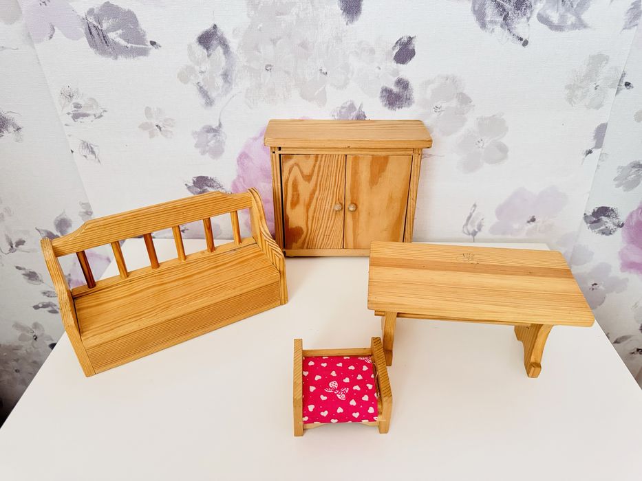 Drewniane mebelki do domku dla lalki/Maileg,szafa,stół,ławka retro