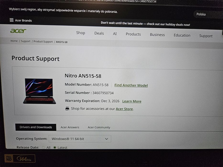 Gw. 12.2026r Laptop Acer Nitro 5 RTX 4060  i5 12th  SSD 512GB RAM 16GB