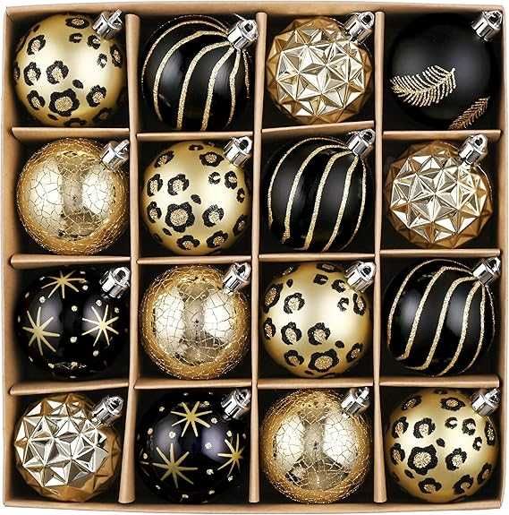 Bombki choinkowe Czarno Złote Nietłukące Glamour Ozdoby 16 szt