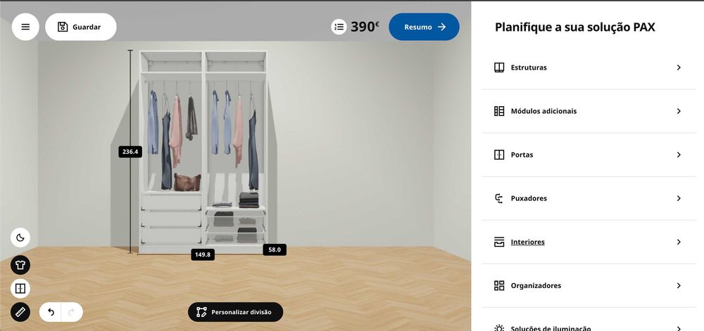 Armário IKEA PAX + interiores gavetas e cestos