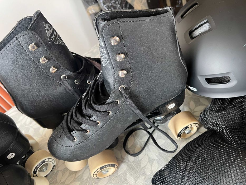 Patins Quad Oxelo pretos tam. 41 + capacete + proteções – Decathlon