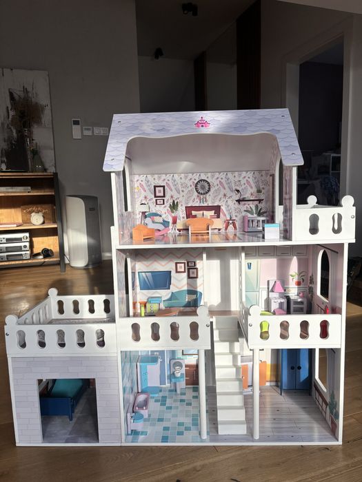 Duży domek dla lalek drewniany Kinderplay LED willa XXL meble garaż