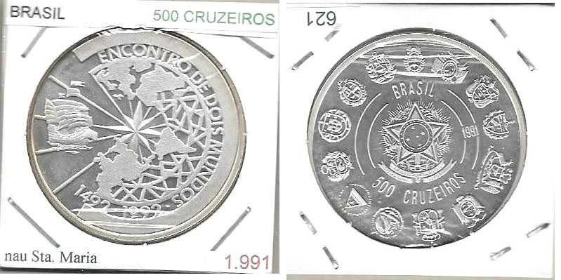 Brasil - 500 Cruzeiros - 1991 -Encontro de Dois Mundos -Moeda de Prata
