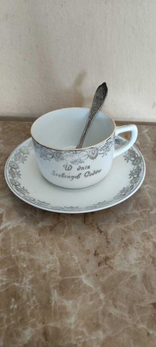 Porcelana srebrne gody plus łyżeczka posrebrzana