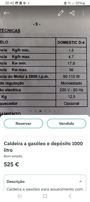 Caldeira a gasóleo e depósito de 1000 litros.
