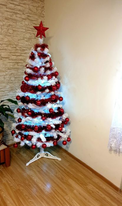 Choinka biała gęsta 180cm+dekoracje