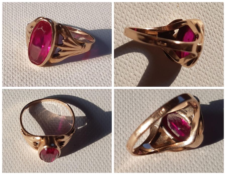Złoty pierścionek radziecki z różowym kamieniem