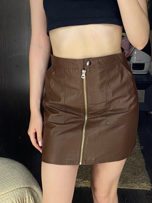 Юбка кожаная коричневая на размер XS-S