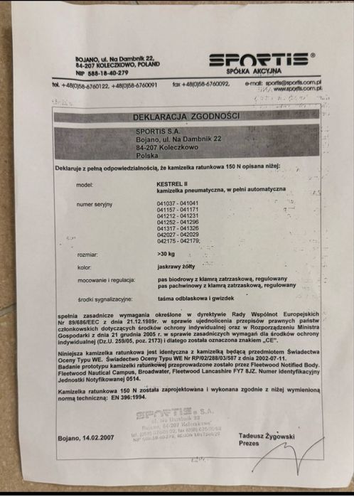 Pneumatyczna kamizelka ratunkowa nowa