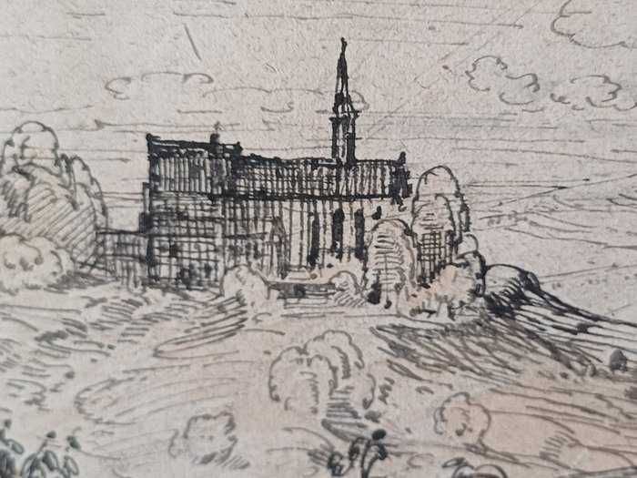 Desenho a pena de August Geist (1858) - Paisagem campestre com igreja