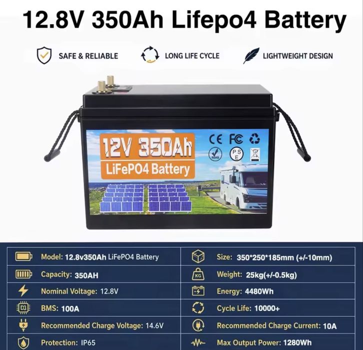 Аккумуляторная батарея LiFePO4 12.8V 350Ah с ресурсом 10000+ циклов, перезаряжаемые элементы для домашнего хранения энергии