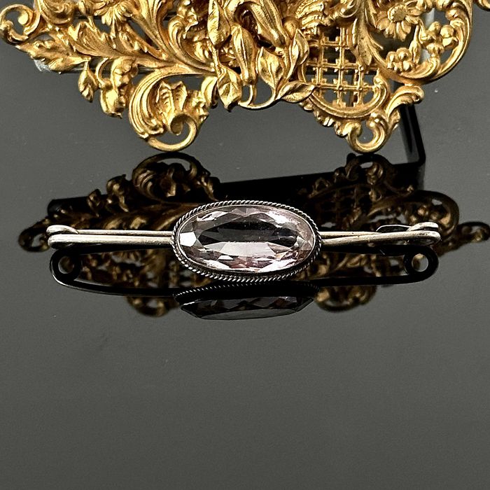 Srebrna broszka z dużym naturalnym Ametystem – oryginał secesja, 1900r