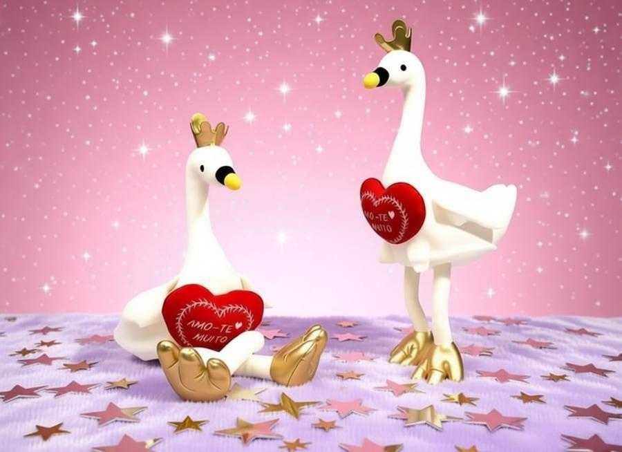 Um cisne de peluche com um coração vermelho gravado com "amo-te" no peito, perfeito para decoração e como presente de Dia dos Namorados.