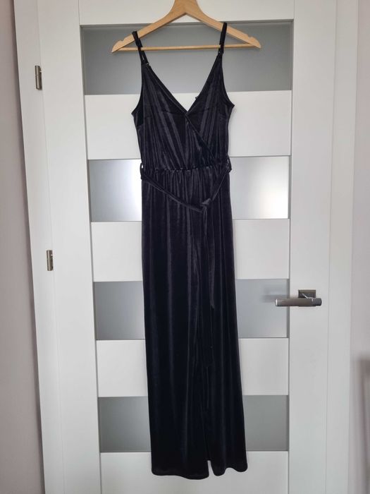 Kombinezon welurowy długi czarny na ramiączkach H&M