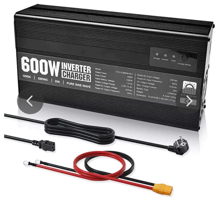 Carregador LiFePO4 25A c/ inversor de Onda Pura 600W/1200W (função UPS